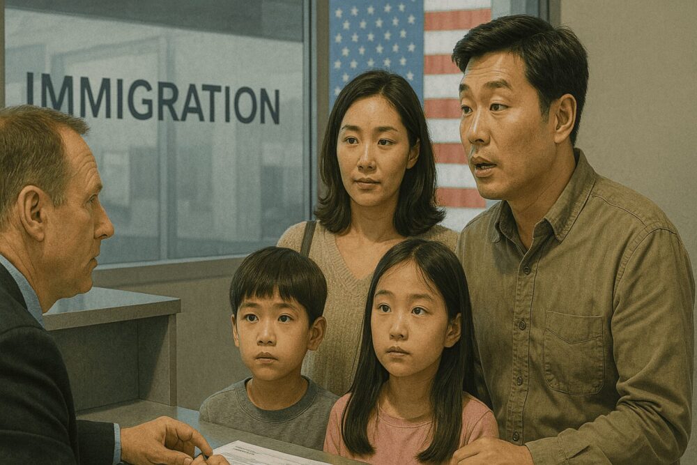 アメリカのイミグレーションにいる韓国人家族