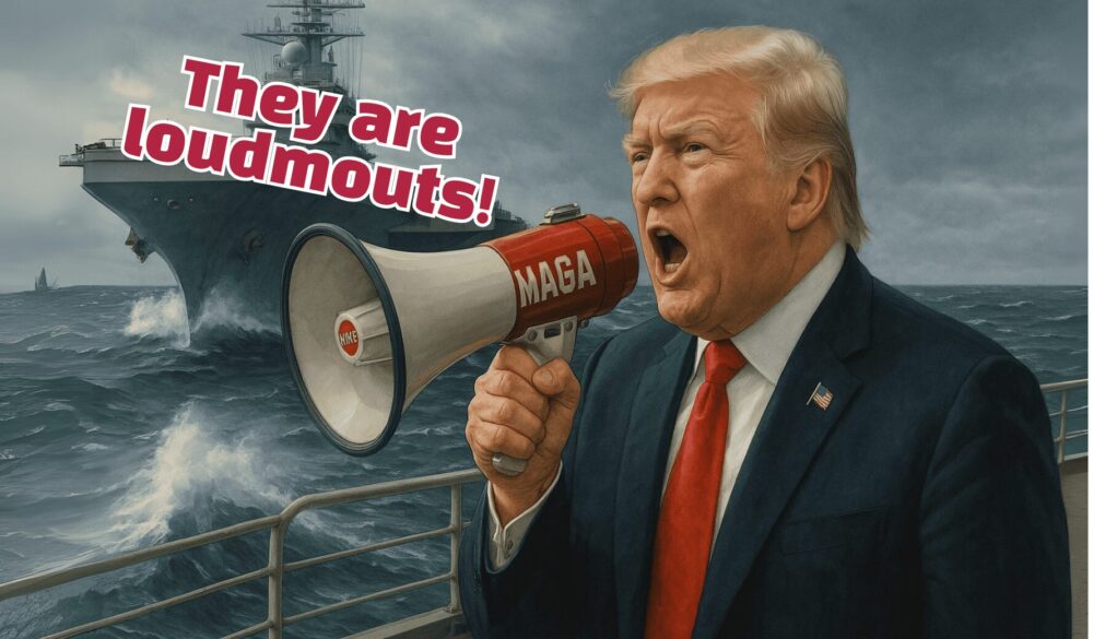 トランプ氏船の上で拡声器で叫ぶ