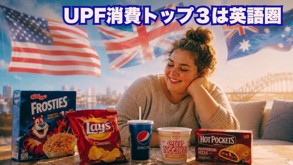超加工食品に囲まれて笑う女性